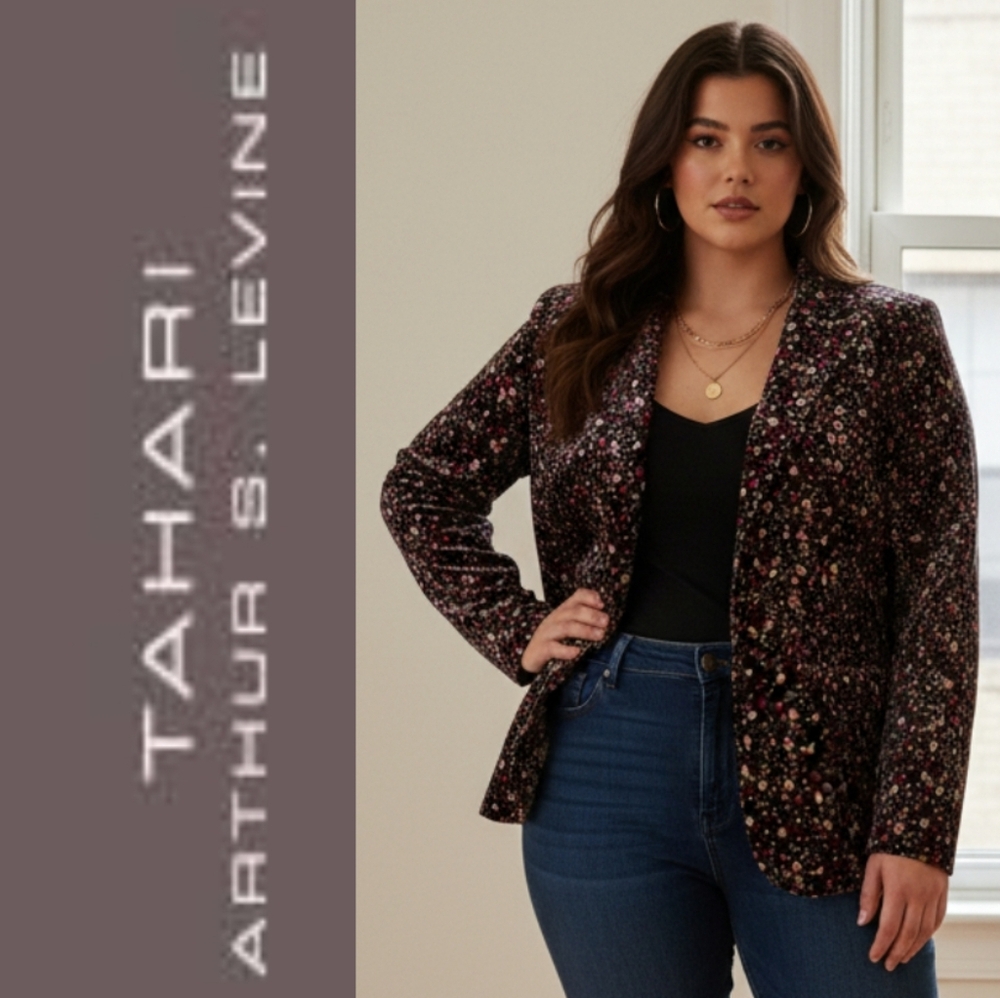 Tahari Arthur S Levine One Button, Velvet Floral Print Blazer